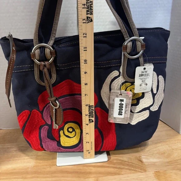 Fossil Cameron Fabric Satchel Bag Navy Blue Floral Embroidery ZB4477997 New - Picture 5 of 14